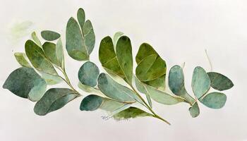 Eucalyptus leaves border, Watercolor illustration isolated on white, Greenery clipart for wedding. photo