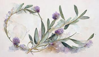 Amazing Lavender flowers and eucalyptus branches isolated on white, Floral wreath, Watercolor illustration. photo