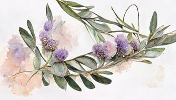 Excellent Lavender eucalyptus leaves, sage, and olive branches make up this flower frame from a digital watercolor painting. photo