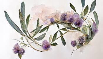 Exceptional Lavender flowers and eucalyptus branches isolated on white, Floral wreath, Watercolor illustration. photo