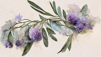 Amazing Lavender flowers and eucalyptus branches isolated on white, Floral wreath, Watercolor illustration. photo