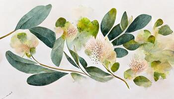 watercolor Eucalyptus leaves seamless border, Watercolor floral illustration, Greenery and jasmine flower for wedding. photo