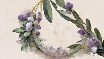 Botanical round wreath, watercolor hand drawn. photo