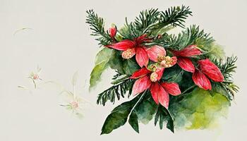 Vintage Christmas greeting card, invitation. Watercolor floral garland made of fir tree and eucalyptus branches. photo