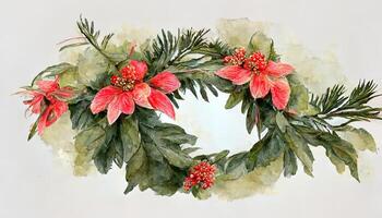 Watercolor poinsettia and cotton flowers. photo