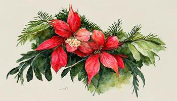 Vintage Christmas greeting card, invitation. Watercolor floral garland made of fir tree and eucalyptus branches. photo