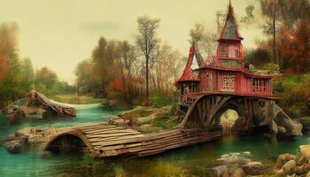 Fantasy tree house. fairytale fantasy landscape, tree house. 3d-render, raster illustration. photo