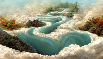 3d landscape with trees on hills alongside river. photo