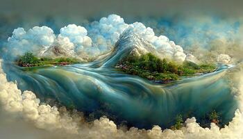 3d landscape with trees on hills alongside river. photo