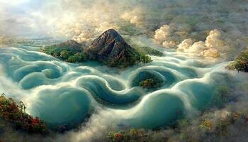 Fabulous landscape of the river in the mountains warm sunset light panorama. photo