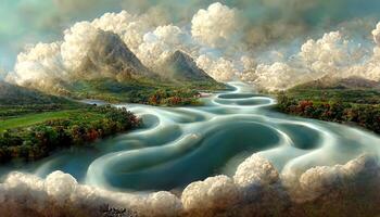 Amazing 3d illustration image of mountain river water and cloud, Detailed, colored. photo