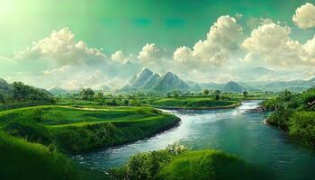 Beautiful calm nature landscape background, flowing river, green fields. photo