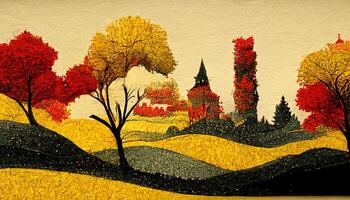 Excellent Autumn countryside landscape with yellow, red trees in paper cut 3d style. photo