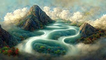3d illustration image of mountain river water and cloud, Detailed, colored. photo