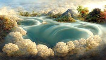 Amazing 3d illustration image of mountain river water and cloud, Detailed, colored. photo