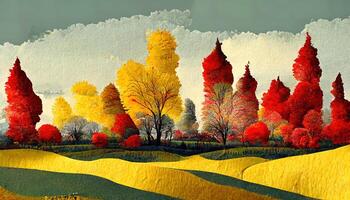 Autumn countryside landscape with yellow, red trees in paper cut 3d style. photo