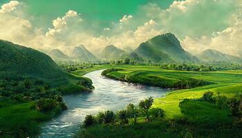 panorama of a summer landscape with sunrise, fog and the river. photo