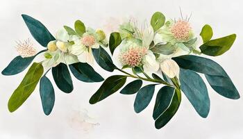 Assortment of watercolor leaves with gardenia white flower. photo