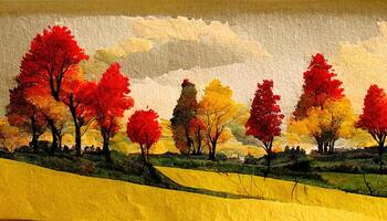 Autumn countryside landscape with yellow, red trees in paper cut 3d style. photo