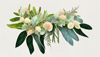 Watercolor eucalyptus flower arrangement, Greenery branches and jasmine flowers clipart. photo