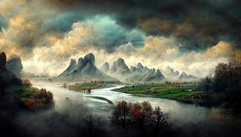 Fantastic epic magical landscape of mountains summer nature mystic forest. photo