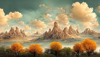 Landscape scene illustration digital painting with greenery mountains hills. photo