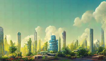 3D Illustration futuristic environmental city architecture with building covered in vegetation and high rise structures in a sunny day. photo