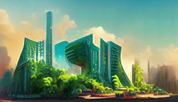 3D Illustration futuristic environmental city architecture with building covered in vegetation and high rise structures in a sunny day. photo