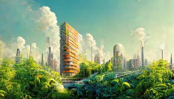 A picture of a high rise skyscraper covered in plants and future environmental city design on a beautiful day. photo