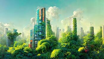 Spectacular digital art 3d illustration eco futuristic city abundant in trees. photo