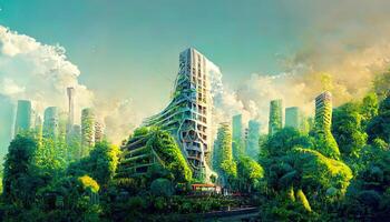 A picture of a high rise skyscraper covered in plants and future environmental city design on a beautiful day. photo