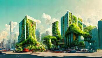 Spectacular digital art 3d illustration eco futuristic city abundant in trees. photo