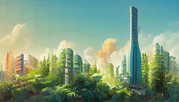 A futuristic environmental metropolis illustration featuring high rise skyscrapers connected. photo
