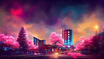 Fantasy japanese night view city citycape neon pink light residential buildings big sakura tree . photo