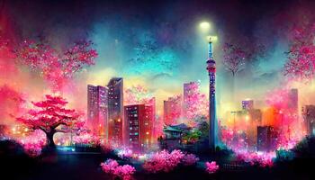 fantasía japonés noche ver ciudad paisaje urbano neón rosado ligero residencial edificios grande sakura árbol . generativo ai foto