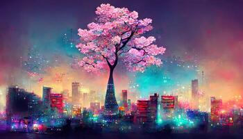 Big sakura tree, Night urban fantasy background. photo