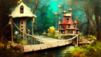 Fantasy tree house. fairytale fantasy landscape, tree house. 3d-render, raster illustration. photo