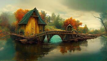 Fantasy tree house. fairytale fantasy landscape, tree house. 3d-render, raster illustration. photo