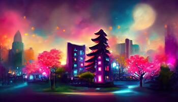 Fantasy night city Japanese landscape, neon light, residential buildings. photo