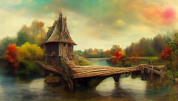 hada casa en el río y de madera puente, manipulación de foto, 3d redirigir, detallado, de colores. generativo ai foto