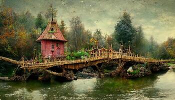 Wonderful Fairy house on the river and wooden bridge, Photomanipulation, 3D redering, Detailed, colored. photo