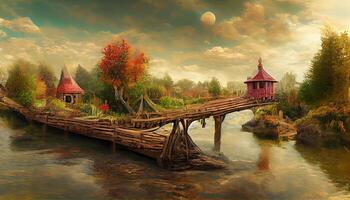 Fantasy tree house. fairytale fantasy landscape, tree house. 3d-render, raster illustration. photo