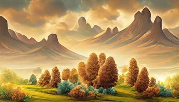 Brown trees with golden flowers and turquoise, black and gray mountains in light yellow background. photo