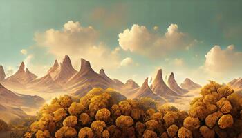 3d illustration wallpaper landscape art, brown trees with golden flowers and turquoise mountains. photo