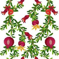 Pomegranate branches with fruits and flowers Seamless pattern. Bright leaves and fruits. Jewish New Year vector