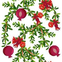 Pomegranate branches with fruits and flowers Seamless pattern. Bright leaves and fruits. Jewish New Year vector