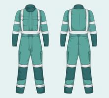 Green work jumpsuit mockup front and back view vector