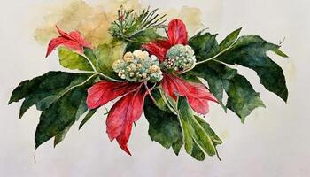 Watercolor christmas flower arrangement red flower plant. hand drawn winter bouquets. photo