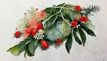 Watercolor christmas flower arrangement red flower plant. hand drawn winter bouquets. photo