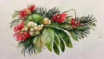 Watercolor bouquet with green winter leaves, pines, branches, red berries, flowers. photo